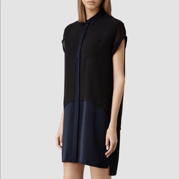 All Saints Silk Shirt Dress Size 2 Navy Black - Picture 2 of 8